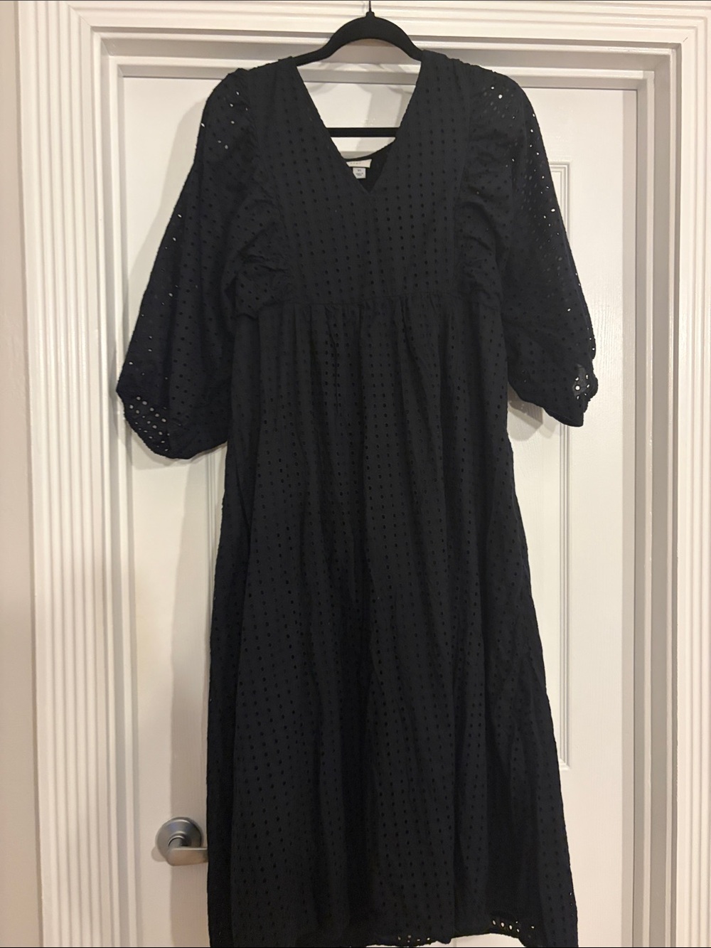 Black Eyelet Midi Dress with V-Neck